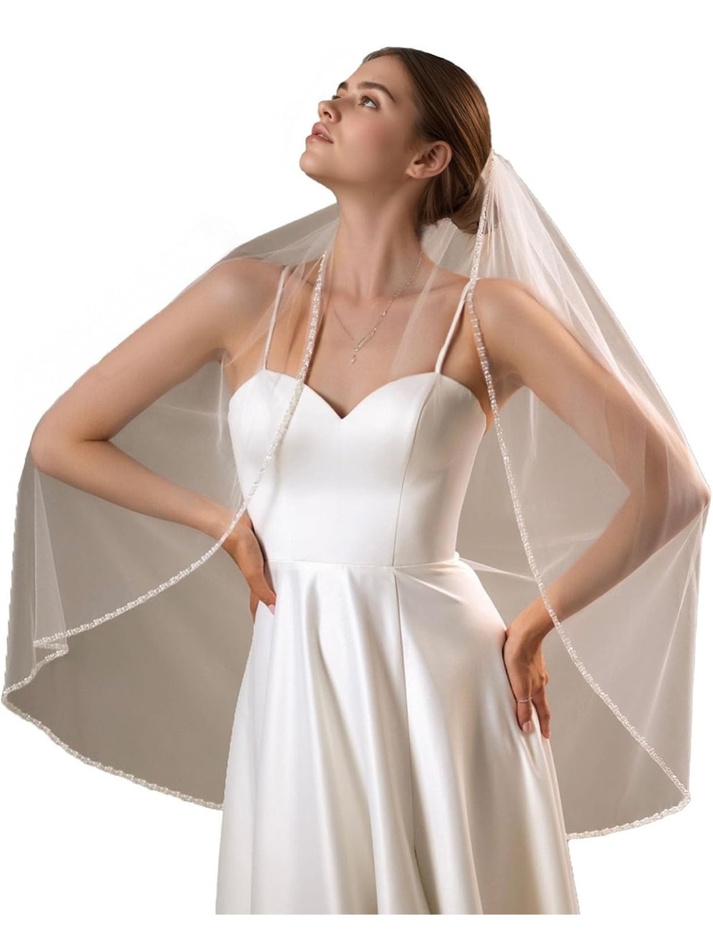 39 inch fingertip beaded wedding veil - off white